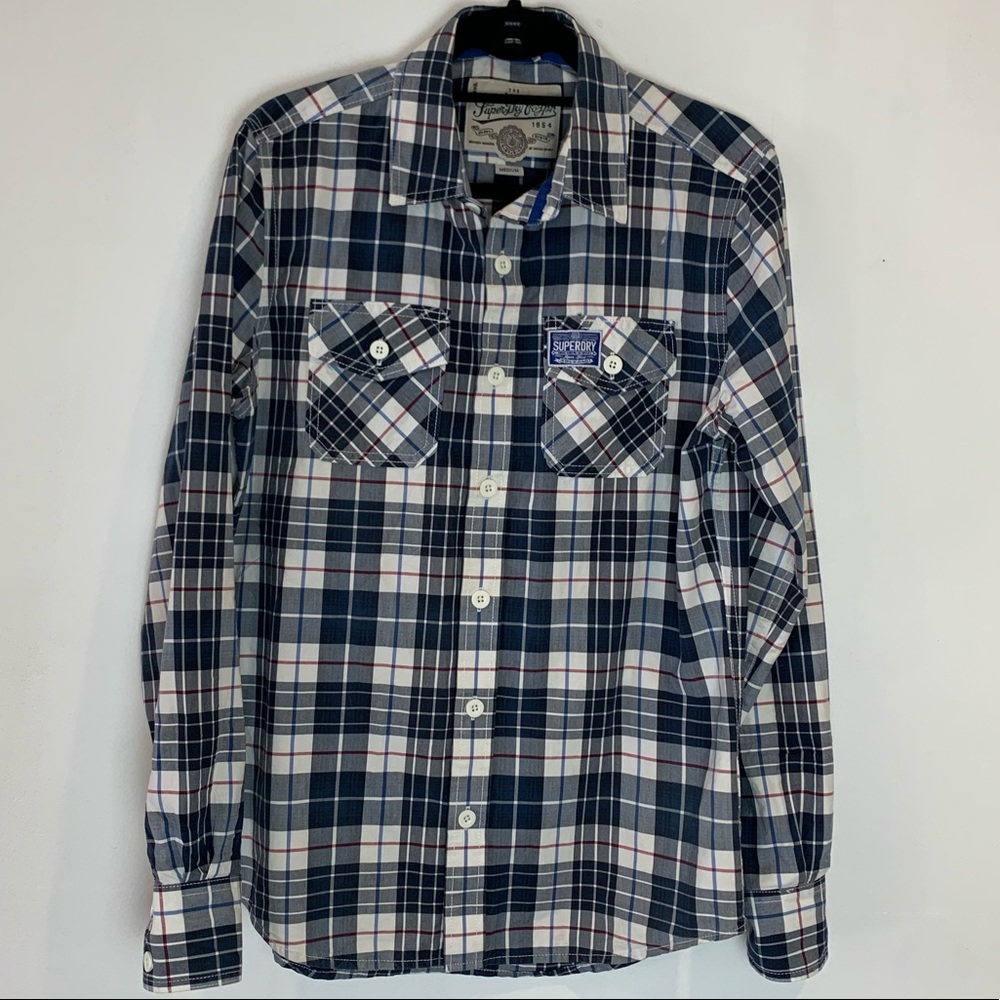SuperDry Navy Plaid Button Down Shirt Medium